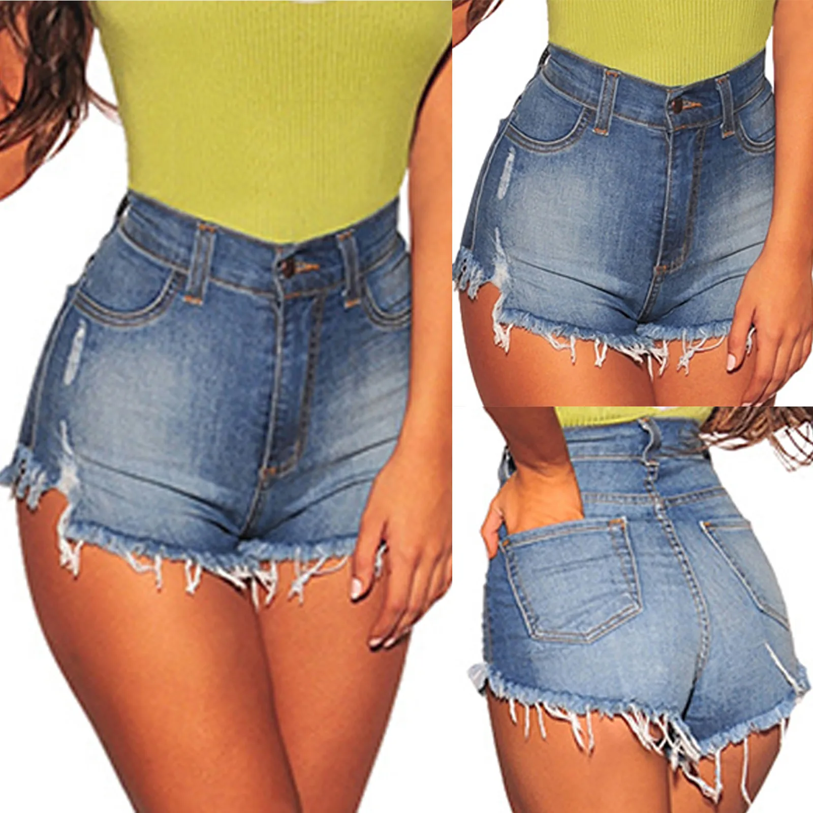 

Sexy Skinny Jeans Fashion Women's Pocket Solid Color Shorts Jeans Denim Trousers Women's Ripped Bottoming Casual Shorts Short