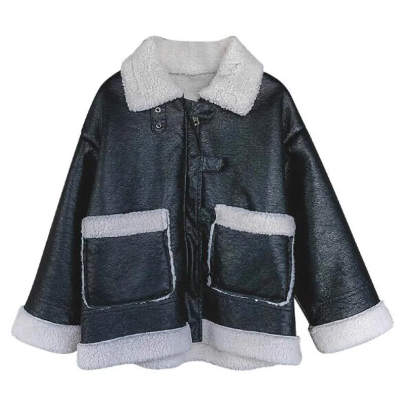 

Cultiseed Big Girls Autumn Winter Thicken Warm PU Leather Jackets Children Kids Fashion Lambswool Long Sleeve Outerwear Coats