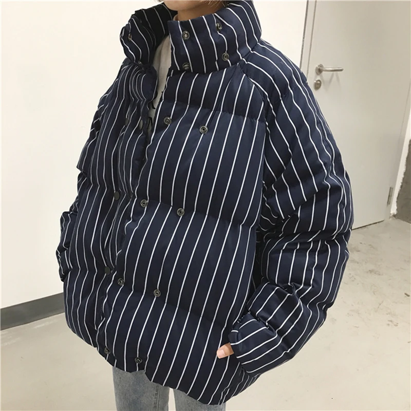 

women's winter 2020 stand collar striped big size loose double breasted short cotton coat jackets female super thick coats