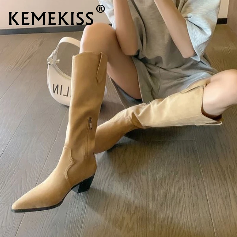 

KemeKiss New Women Fashion Mid Calf Boots Pointed Toe Flock Zipper Thick Heels Vintage Western Boots Ladies Footwear Size 34-40