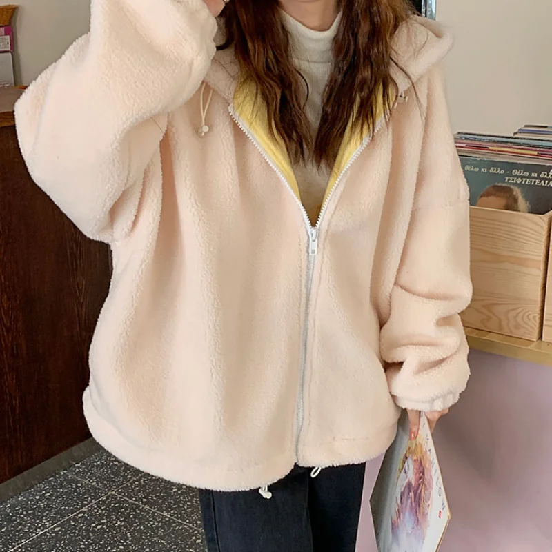 

2021 autumn and winter fashion simple new solid color jacket thick lamb plush warm zipper jacket women