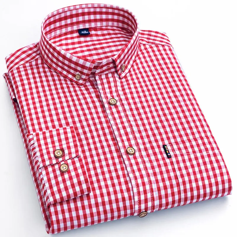 Kcoyster весенние мужские рубашки в клеточку с длинным рукавом Gingham повседневные рубашки для мужчин Slim Fit тонкие легкие в мелкую клетку мужская одежда - Цвет: Red