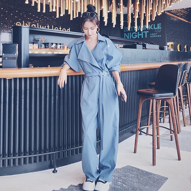 

Spring Fall Women Fashion Elegant Loose Blue Wide Leg Jumpsuit Long Sleeve Suit Collar One Piece Pants Sets Belted Overalls K05