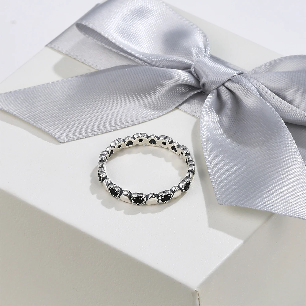 

INALIS Genuine 925 Silver Ring Stackable Ring Heart Black CZ Finger Rings For Women Wedding Anniversary Gift Fashion Jewelry