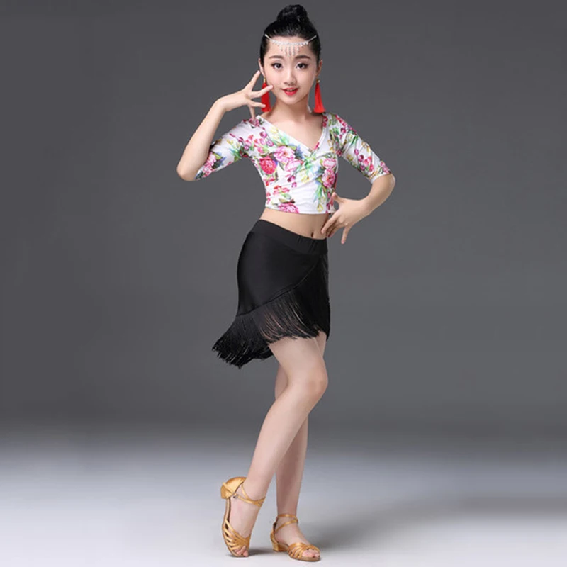 Платье для латинских танцев с кисточками девочек Детские топы принтом и юбка
