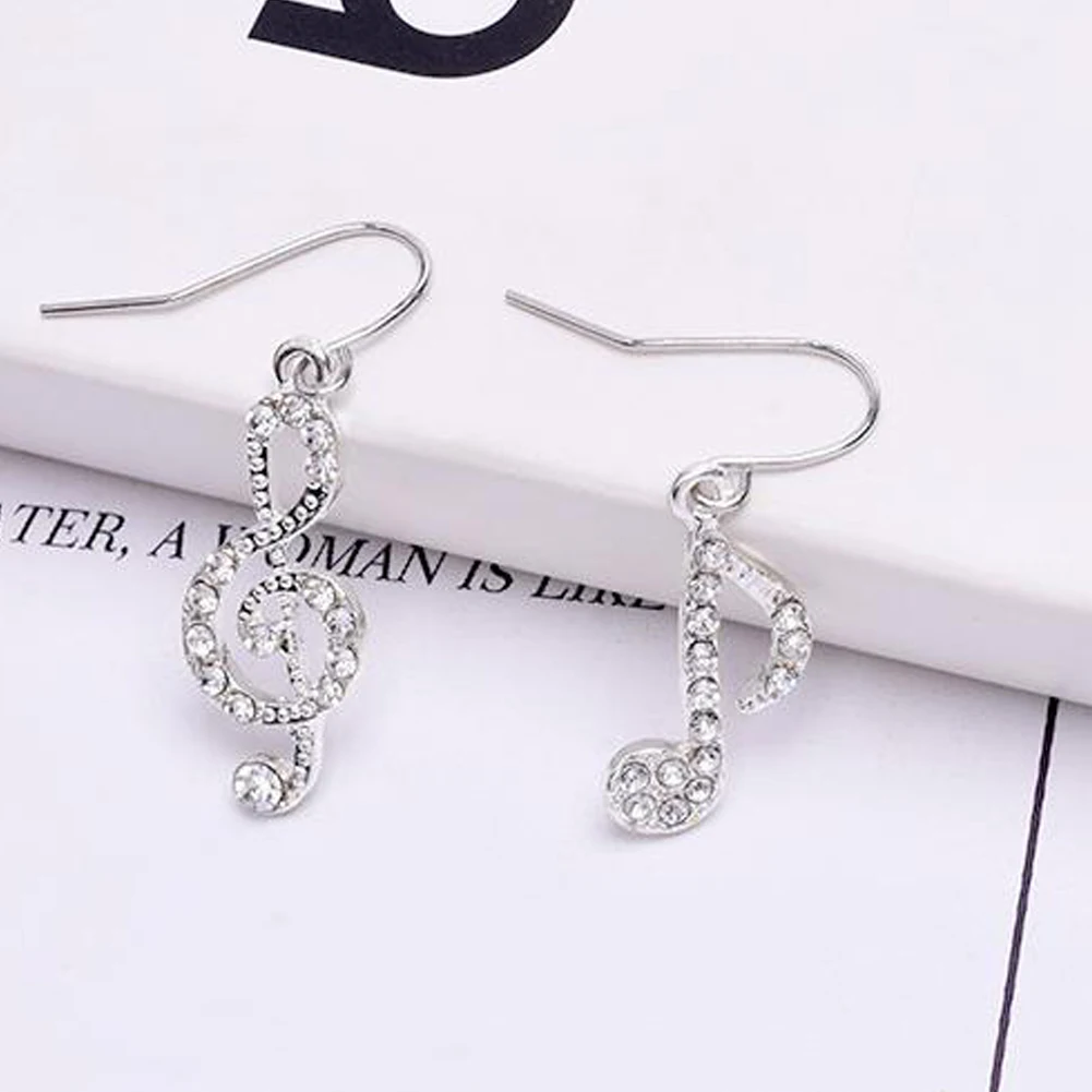 

Fashion Romantic Elegent Drop Earrings Rhinestone Asymmetriy Musical Note Silver Color Jewelry For Women Girl Party Wedding