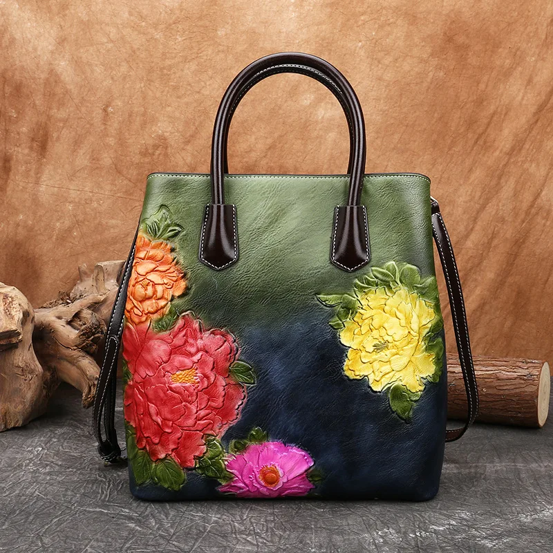motaora retro women bag vintage bucket shoulder bags for women 2022 new handmade embossed leather handbag floral tote bag female free global shipping