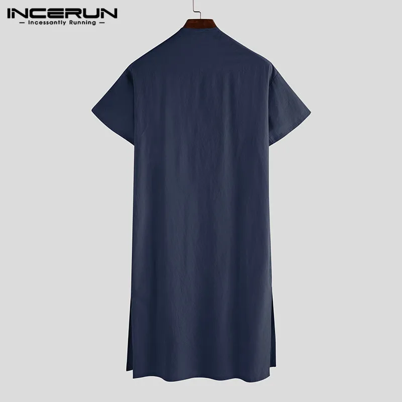 

INCERUN Short Sleeve Men Robes Cotton Vintage Pajamas V Neck Solid Nightgown 2021 Pockets Kaftan Mens Bathrobes Homewear S-5XL