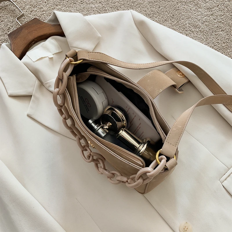 

Thick Chain Shoulder Bags for Women 2021 Solid Color Female Crossbody Bag Ladies Baguette Bag Scrub Small Handbags Purse