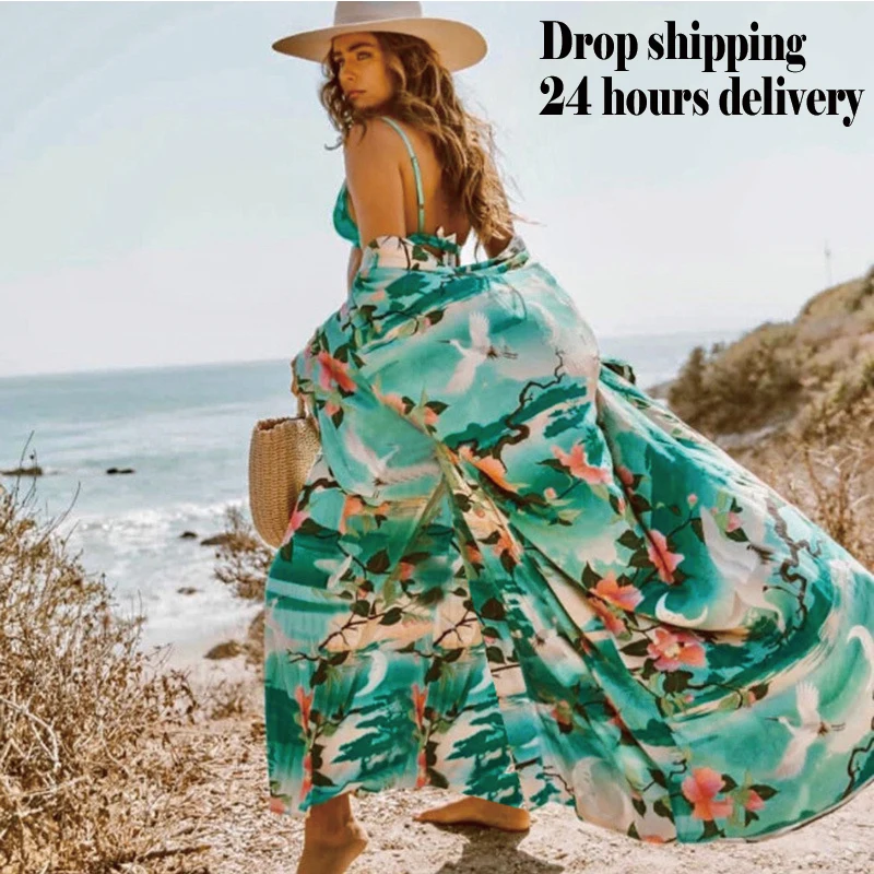 

Женская хлопковая накидка на купальник, свободное пляжное пальто средней длины с принтом журавлей и юбкой, Солнцезащитная одежда