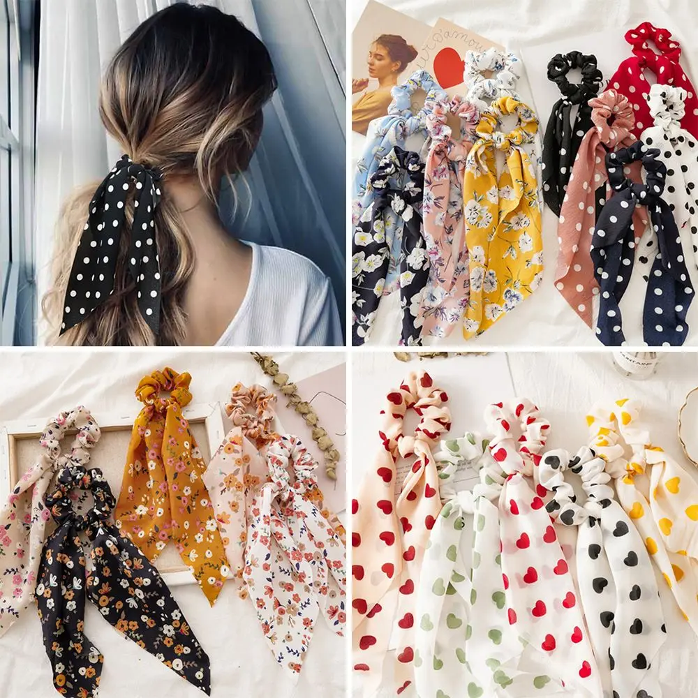 

Однотонные резинки для волос с цветочным принтом для искусственных шарфов, атласные шелковые эластичные милые резинки для волос, аксессуар...