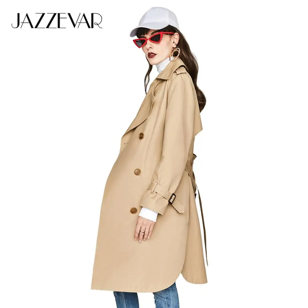 JAZZEVAR Новиний осенний модный повседневный плащ женский хаки двубортная длинная верхняя одежда для женщин с поясом высокое качество YA7020