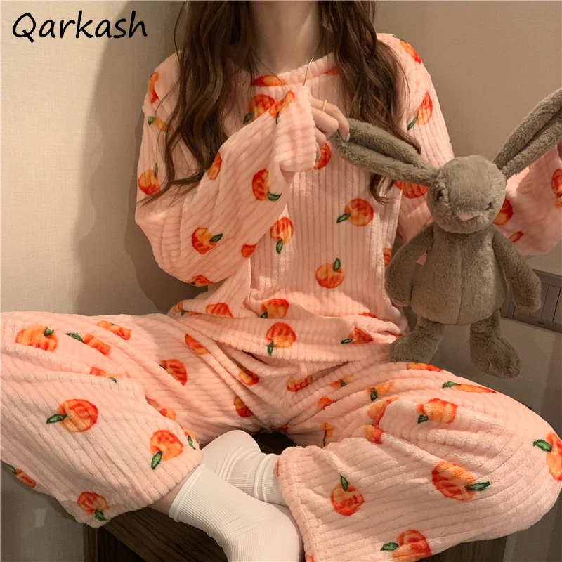 

Pajama Sets Women Winter Comfortable Ulzzang Chic Female Cozy Casual Baggy Preppy Style Print Basic Lounge Daily Sleepwear Warm