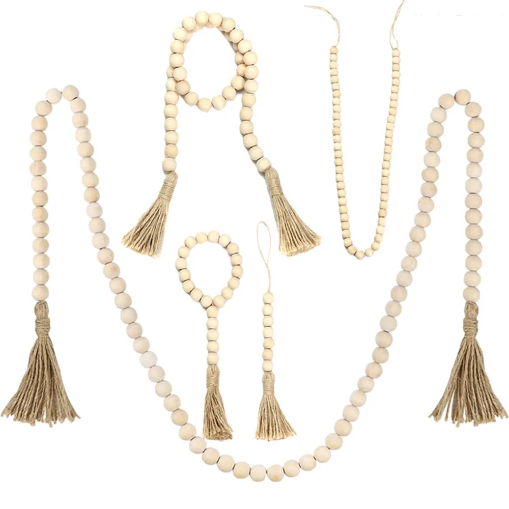 

Gift Handmade Garland Farmhouse Ornament Wall Hanging With Jute Rustic Wood Bead Garland Tassels String
