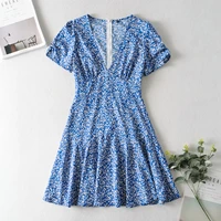 summer womens fashion dark v neck short sleeve dress with blue flowers