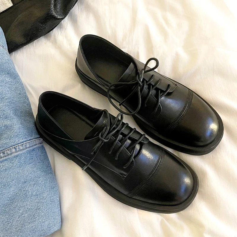 

Osunlina Brand Casual Female Flats Round Toe Low Heel Footwear Lace Up Black Genuine Leather Comfortable Handmade Shoes Woman