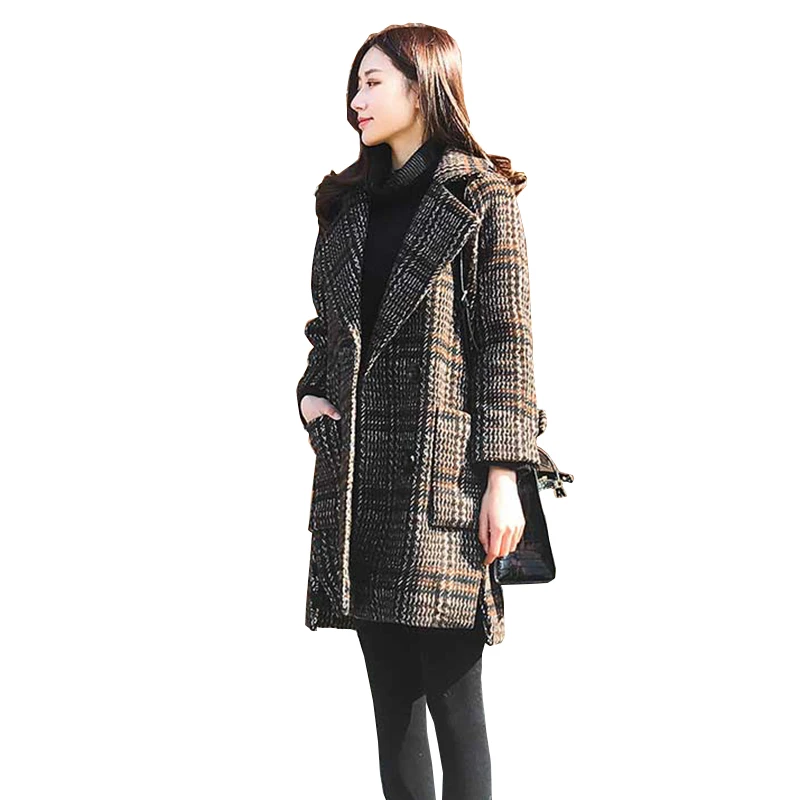 

Autumn Winter Jacket Women's Plaid Woolen Coat New Korean Suit Collar Loose Plus Size Basic Coat Female Outerwear Tops FC1539