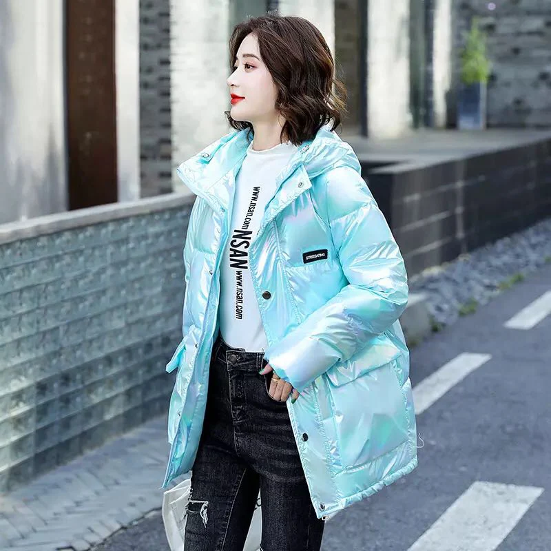 Fashion Cute Women Bright Pink Jacket Winter Warm Coats Shiny Parkas Zipper Jackets Waterproof Clothing Hooded Ladies Down Coat