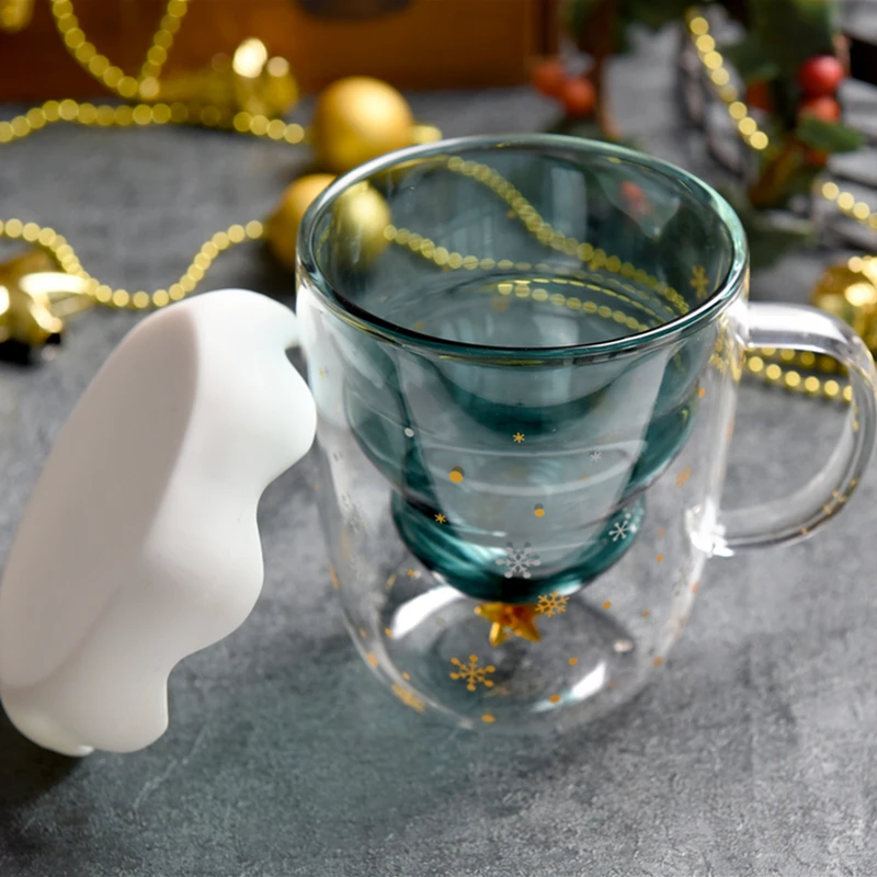 

300 MLHeat-resistant Double Wall Glass Cup Creative Christmas Tree Glass Cup Coffee Mug with Lid Cute Christmas Gifts for Girls