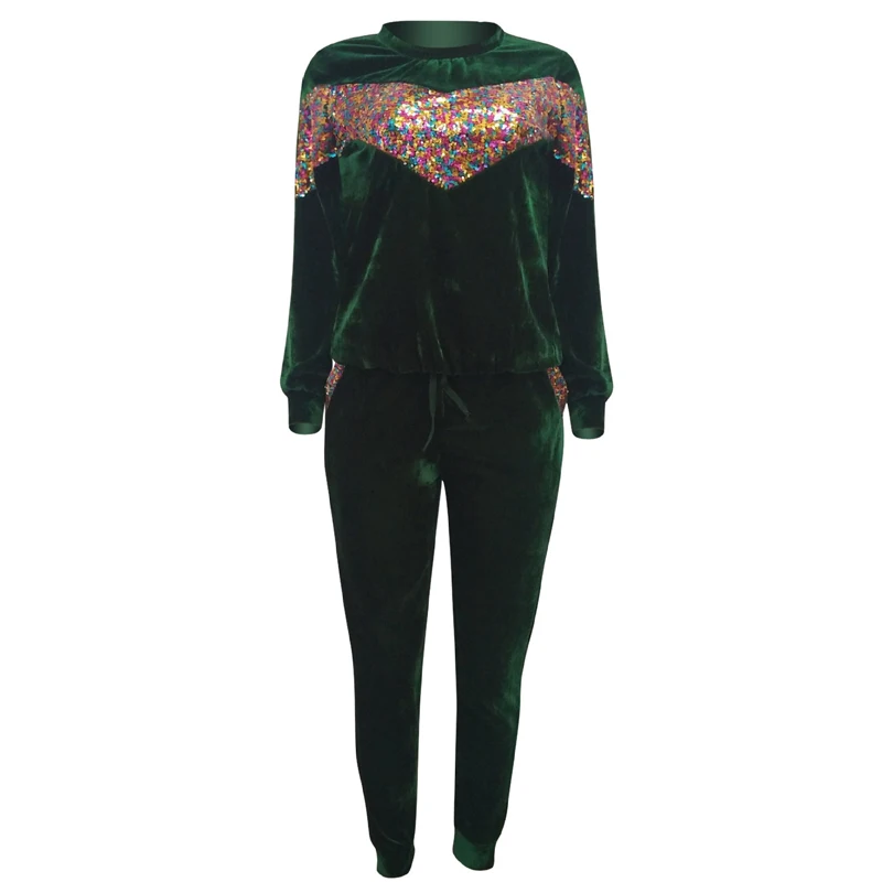 Dark Green Бархатный комплект из двух предметов, толстовка с капюшоном, Женский велюровый спортивный костюм, с блестками, с длинным рукавом, для бега, штаны для отдыха, зимняя одежда, наряды, 2 шт., весна - Цвет: Dark Green