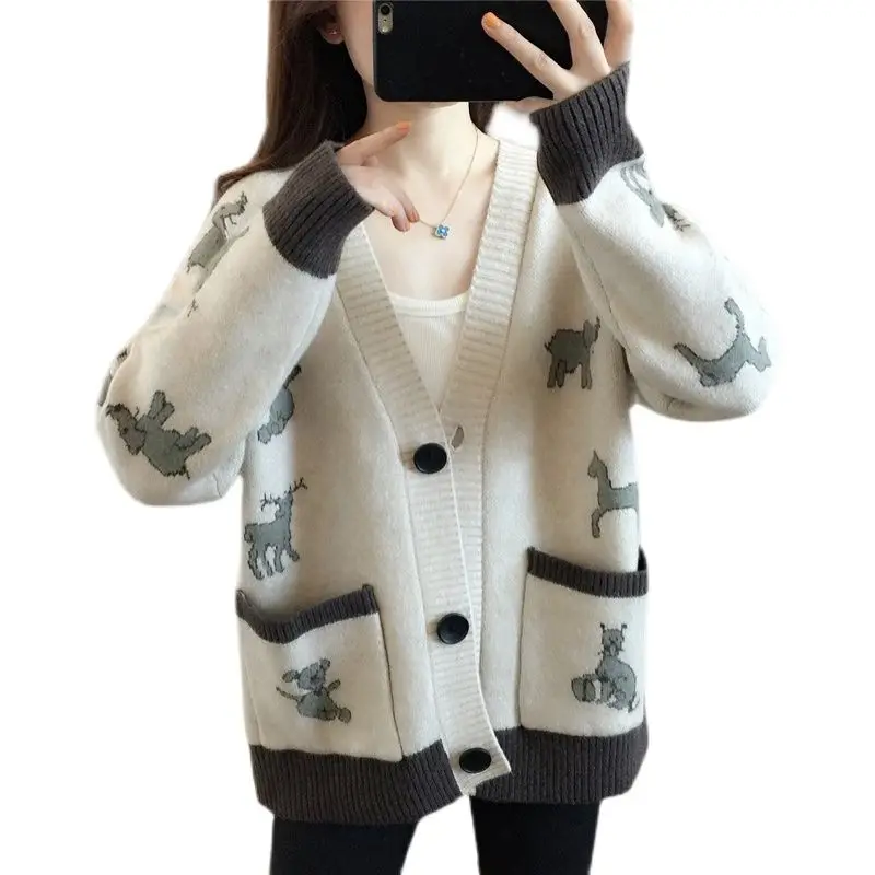 Кардиган вязаный кардиган с V-образным вырезом карманом в виде оленя |
