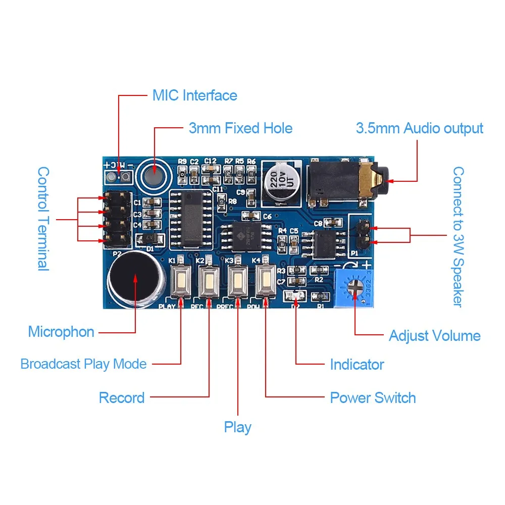 Модуль воспроизведения звуковой записи 5 в постоянного тока 3 Вт 4 ом 8 Ом минуты