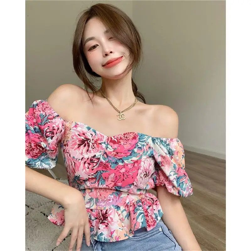 

CMAZ women blouses summer 2021 floral printed pink backless hubble-bubble sleeve tops 3328#