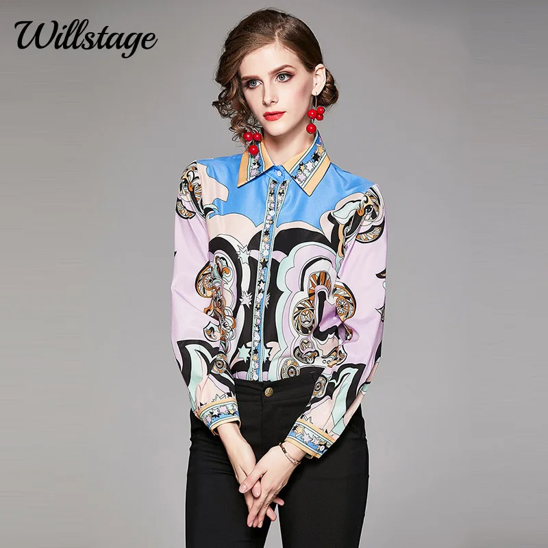 

Willstage women's clothing collar shirt long sleeve printed blouse star pattern office ladies work wear 2019 Autumn Tops