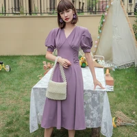 yigelila vintage women purple long dress summer elegant v neck lantern sleeve dress solid empire slim mid length dress 65847