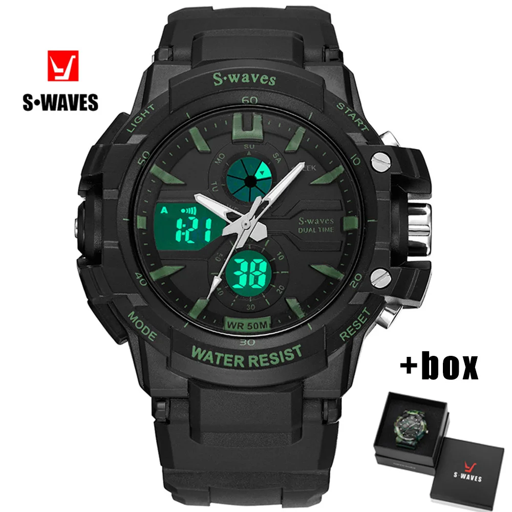 

Swaves LCD Wristwatch Mens Waterproof Plastic Luxury Brand Analog Digital Watch Men Quartz Sports Relogio Masculino With Box