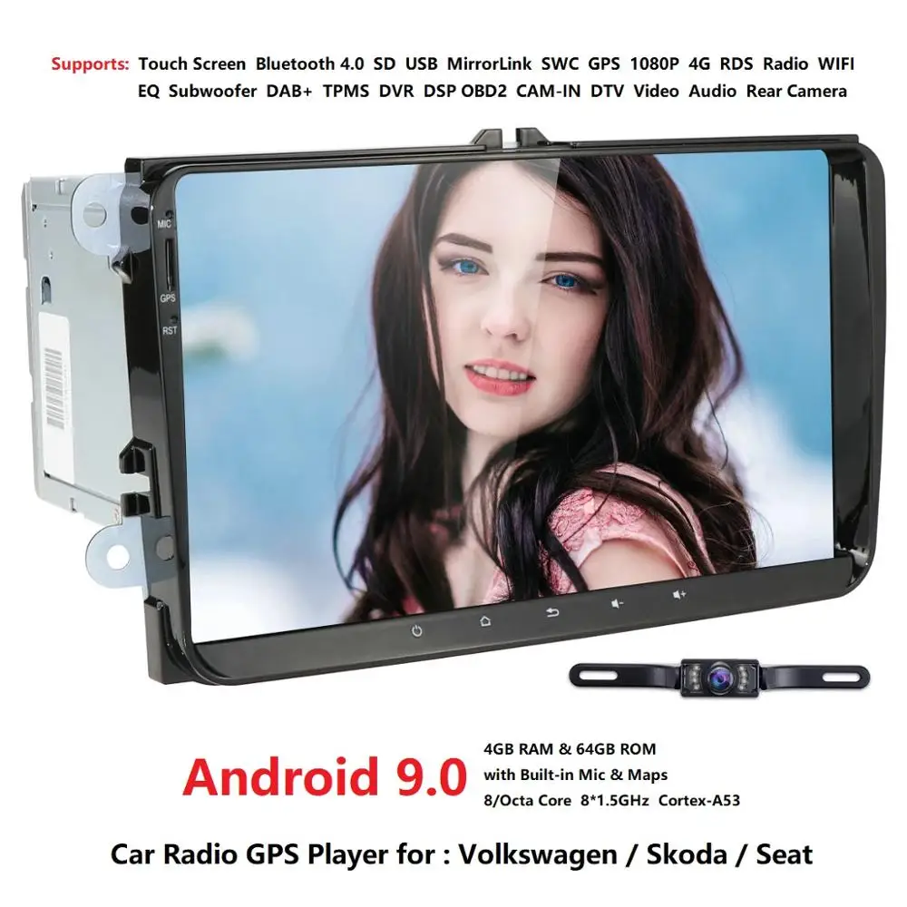 Android 9,0 9 дюймов 2 Din 4G ram 32G rom gps Радио стерео для V W passat golf 4 5 tiguan polo skoda fabia CC DAB wifi BT CAM