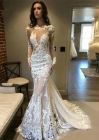 long sleeves lace mermaid wedding dress 2019 scoop gelinlik vestido de noiva court train white long bride dresses