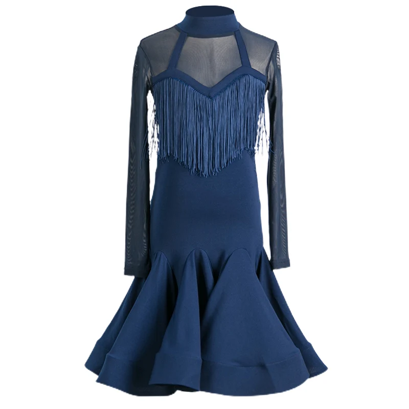 

Latin Dance Dress For Girls Competition Clothing Practice Wear Mesh Long Sleeve Red Cha Cha Samba Dancing Fringe Dress BL5465