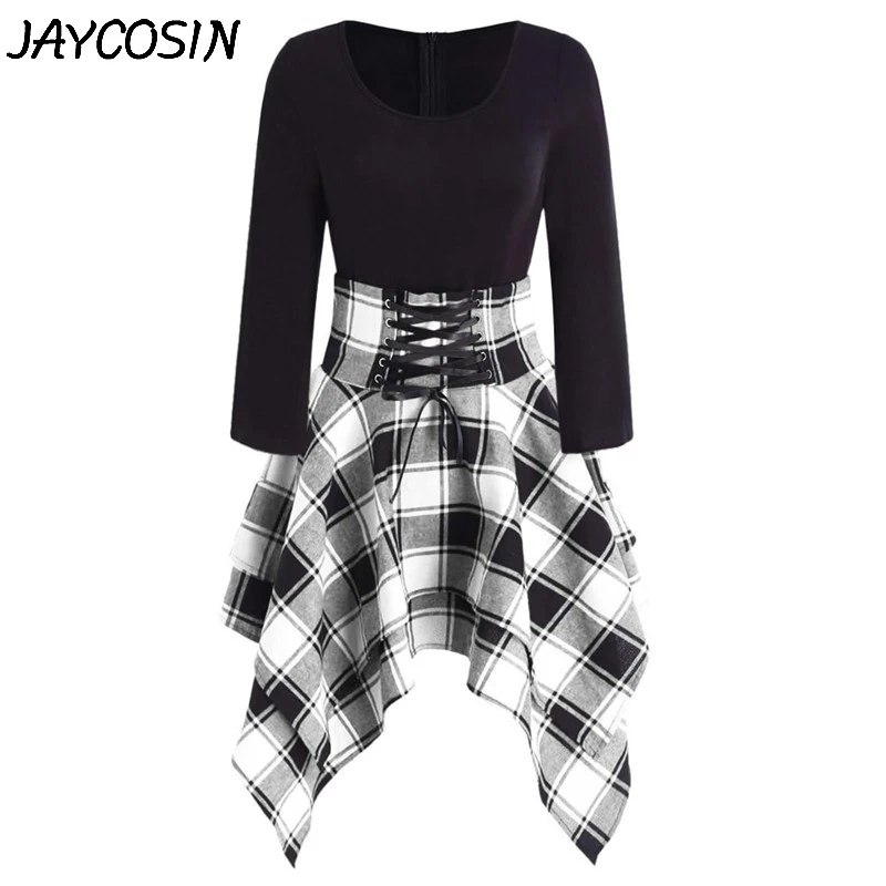 Платье JAYCOSIN женское с длинным рукавом повседневное асимметричное клетчатое