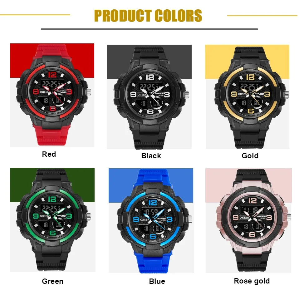 

OHSEN digital Quartz Men wristwatch Gold dual time bracelet Watch chronograph 50M Diving military male clock relogio masculino