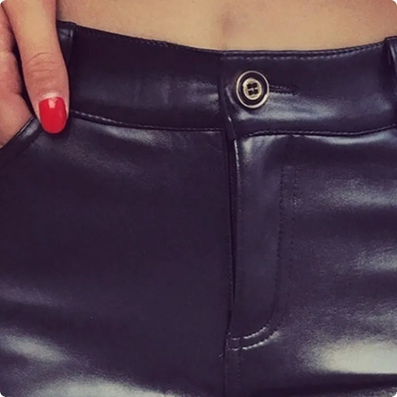 Осенние женские брюки из искусственной кожи с высокой талией облегающие