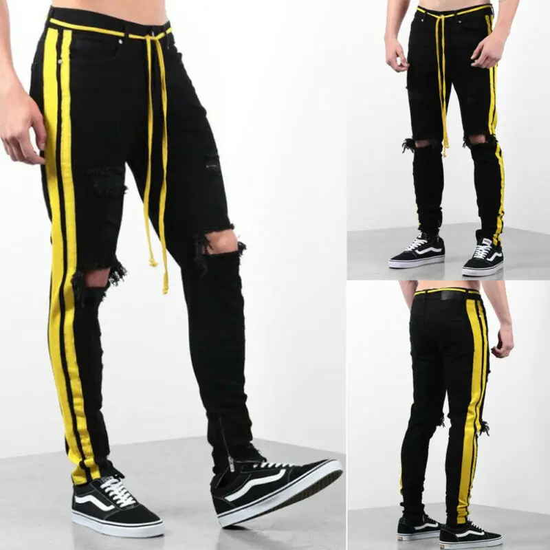 Men soft Pants Yellow striped rope Slim Jeans Stretch Frayed Destroyed Ripped Skinny Denim Trousers Biker Pantalon Homme | Мужская