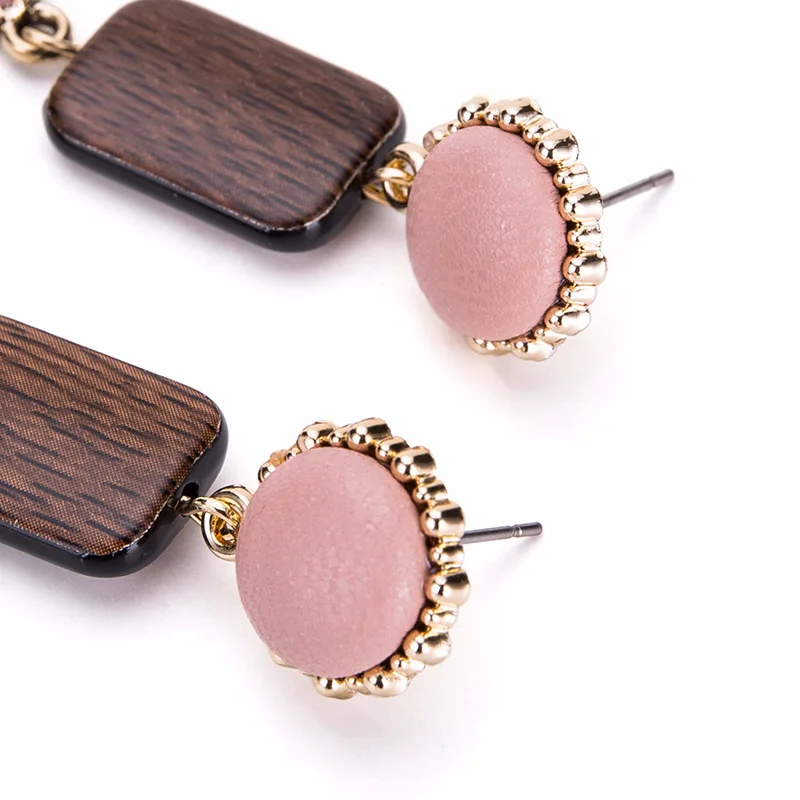 Vintage Long Earrings 2019 For Women Pink Geometric Drop Dangle Metal Wood Elegant Fashion Jewelry Wholesale | Украшения и