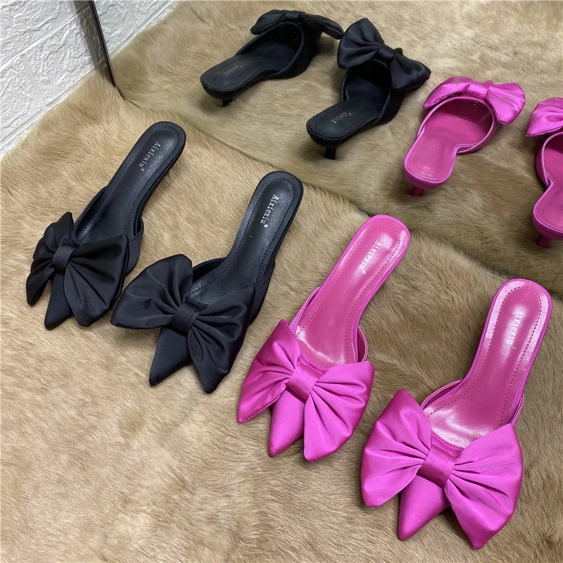 

2021 Spring Pointed Toe Stiletto Heel Kitten Heels Bow Heel-Free Slippers for Women All-match sexy temperament