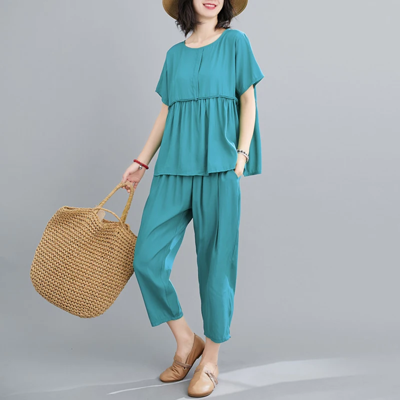 

IEQJ Wide Leg Pants+Round Neck Short Sleeve Two Piece Set Green Over Size Women Fashion Patchwork Ruffles Summer 2021 8P589