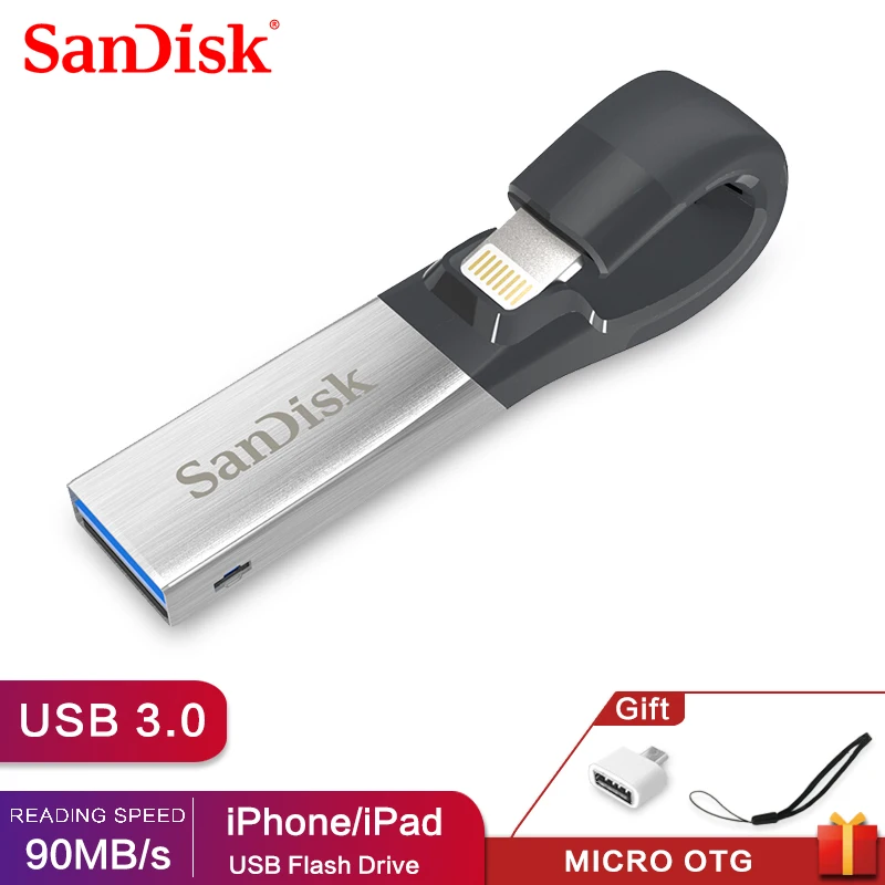 SanDisk USB флэш-накопитель iXPand U диск OTG Lightning Разъем USB3.0 Флешка 16 ГБ 32 ГБ 64 ГБ 128 ГБ MFi для iPhone и iPad SDIX30N - Цвет: Free-Android adapter
