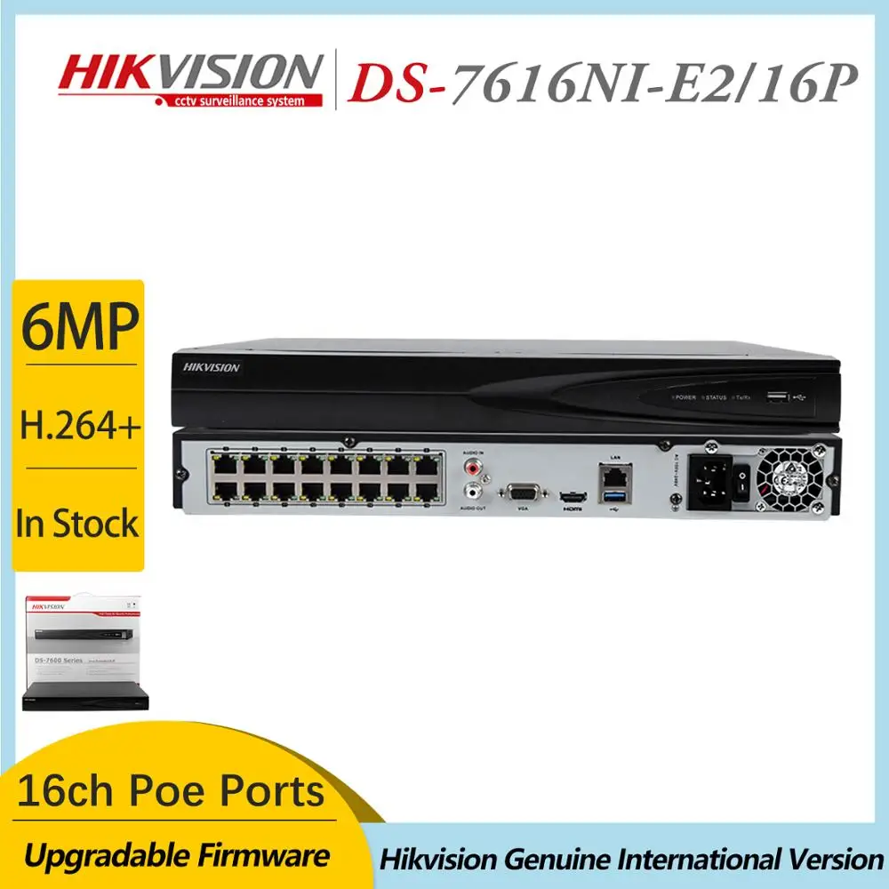 Hikvision английская версия NVR DS 7616NI E2/16P Встроенный Plug & Play 16POE порты 2SATA 6MP разрешение