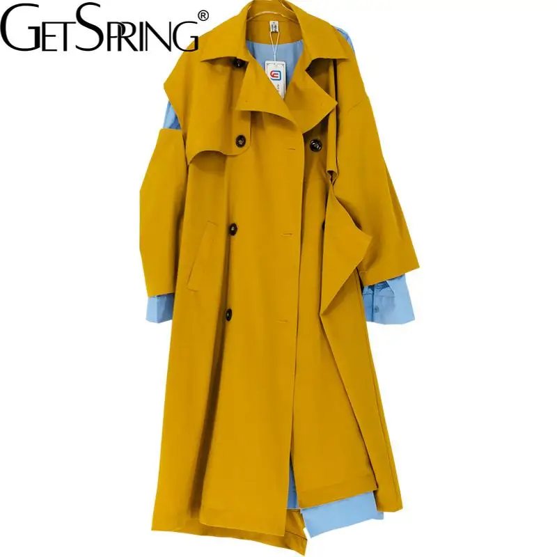 

Getspring Women Trench Coat Asymmetry Bandage Long Windbreaker Double Breasted Color Matching Overcoat Autumn And Winter 2021