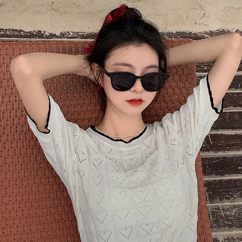 

Women Round Neck Hollow Knitted Tops Summer Beach Wear Short Sleeve Basic Wild Wind