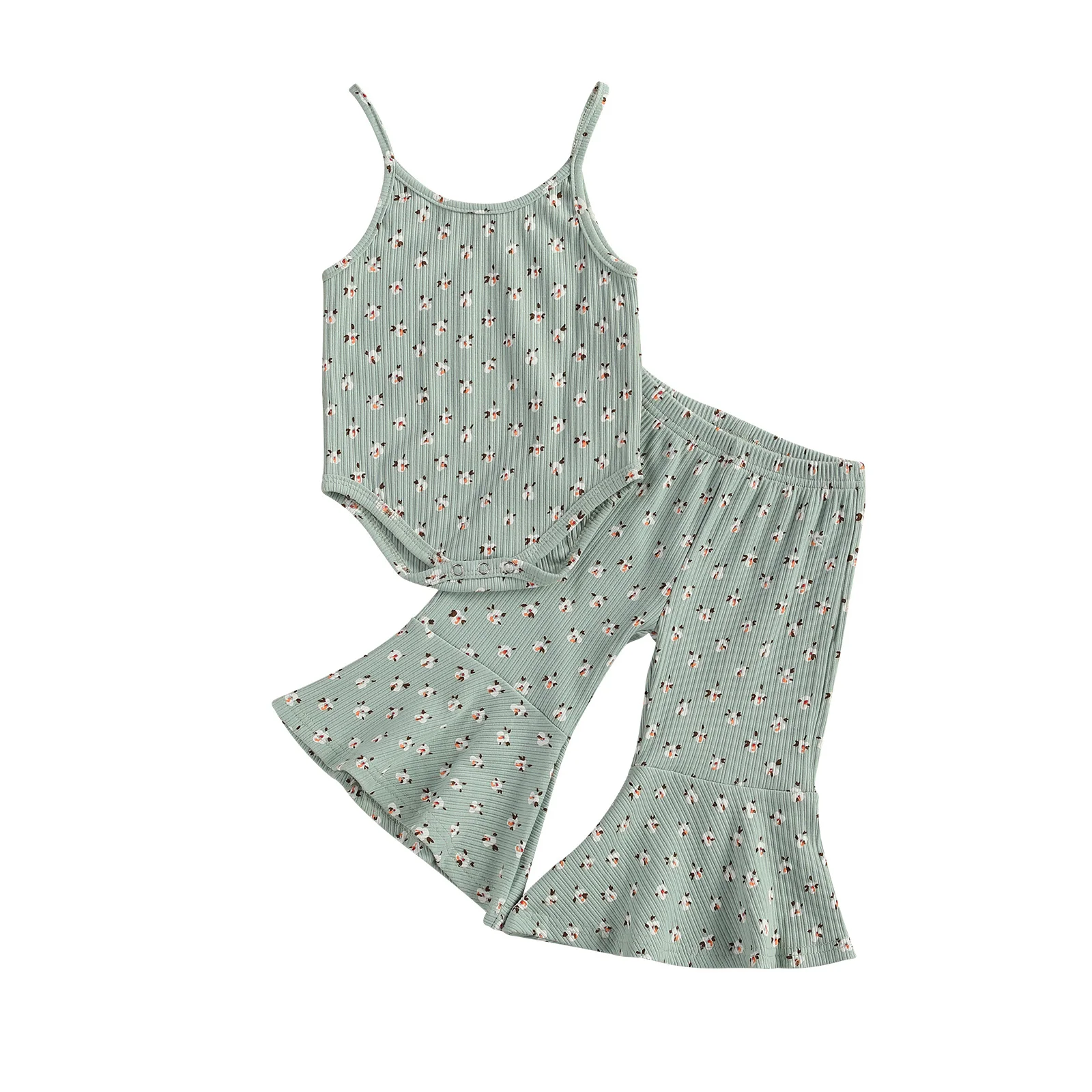

Summer Baby Girls Clothes Sets Swing Flowers Printed Sleeveless Romper Tops Flare Elastic Pants 0-3Y