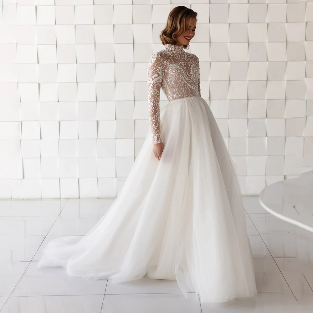 

Женское свадебное платье It's yiiya, белое фатиновое платье-трапеция с длинными рукавами, высоким воротом и аппликацией на спине на лето 2021