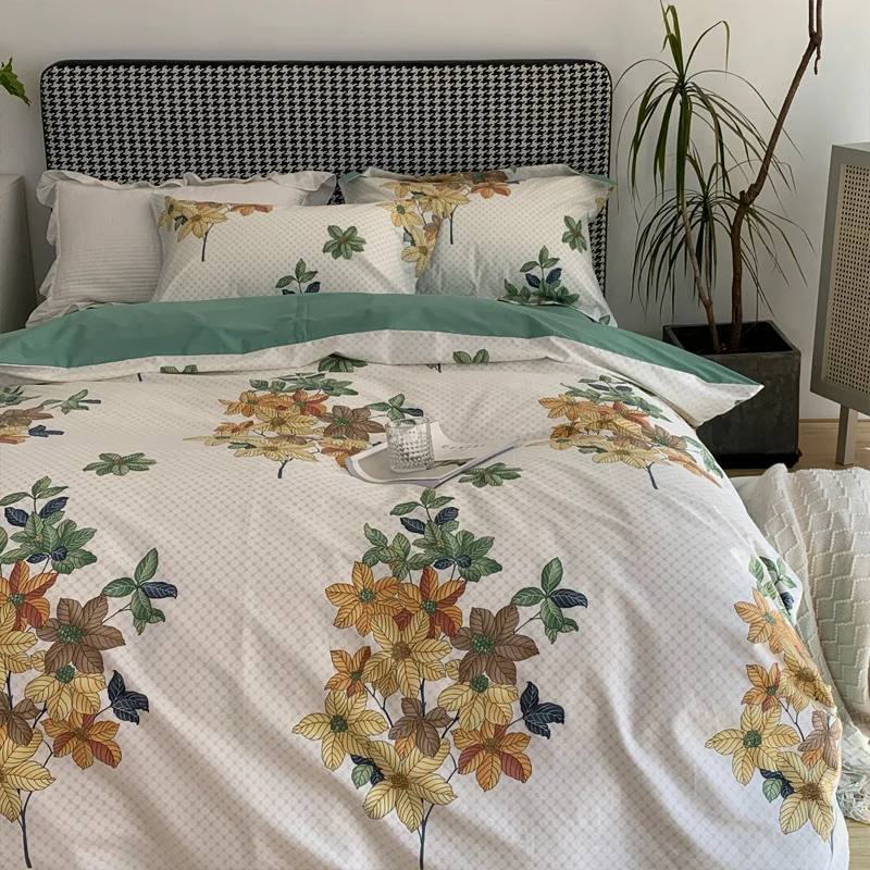 

Small Fresh 100% Egyptian Cotton Plaid Bedding Set For Home Super Soft Duvet Cover Pillowcase Flat Fitted Bed Linen Sheet Cover