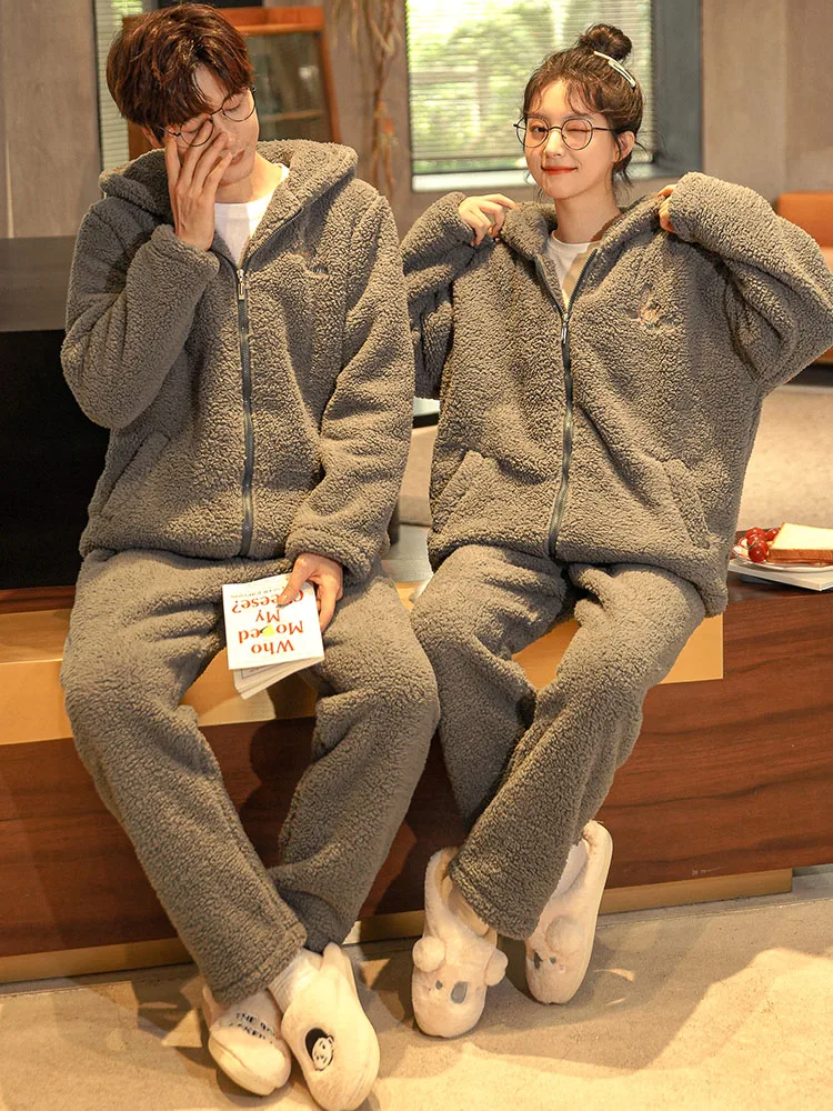 Autumn and Winter Couple Pajamas Women's Coral Fleece Thickened Long-Sleeved Hooded Zipper Men's Flannel Exercise Homewear