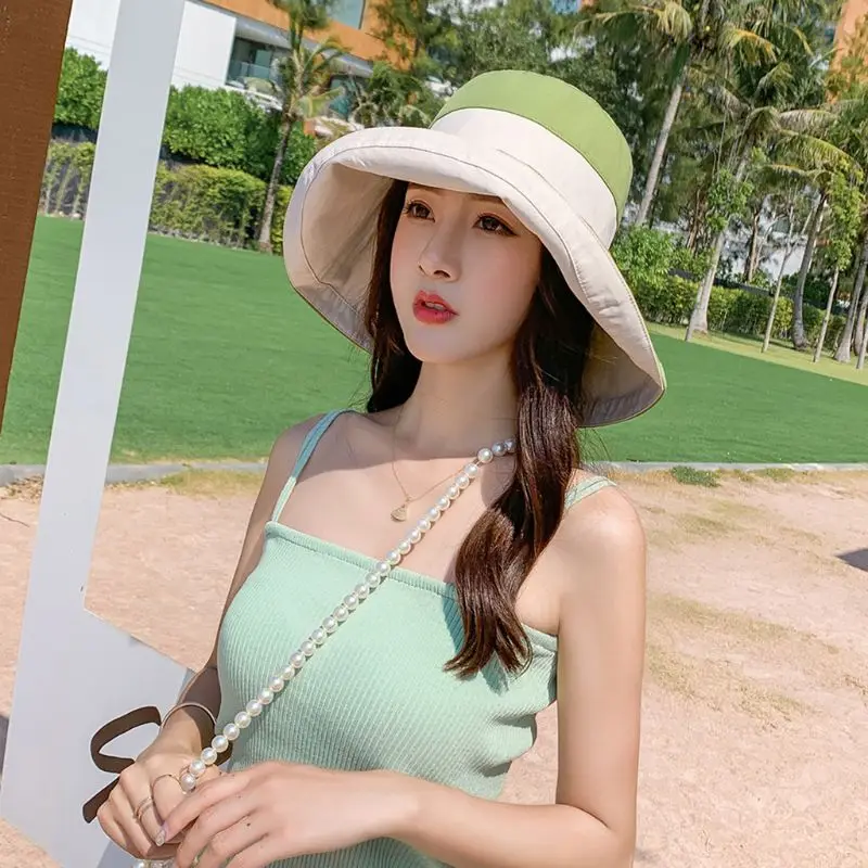 

Women Summer Double-Sided Reversible Bucket Hat UV Protection Wide Brim Contrast Color Packable Floppy Beach Sun Cap