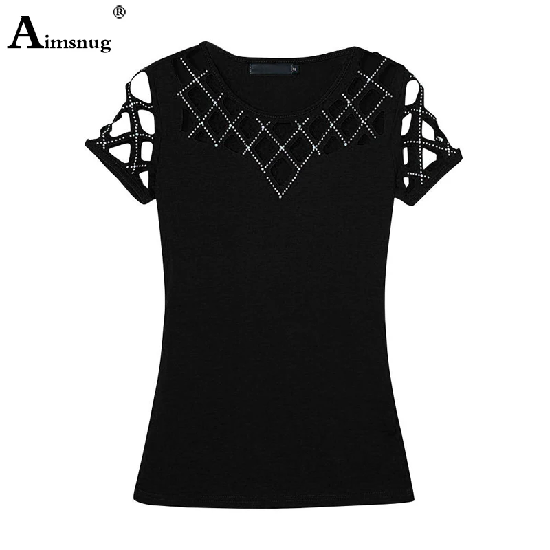 Женская футболка с коротким рукавом круглым вырезом и бусинами|Футболки| |